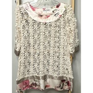 Boutique Boho Chic Cotton Lace Floral Sequin Layered Top Women's M Cottagecore